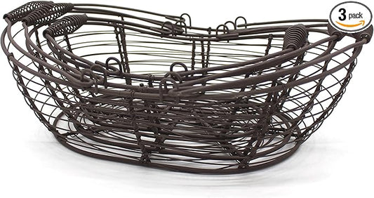 CVHOMEDECO. Oval Metal Wire Storage Baskets Rustic Egg Baskets with Swing Handles Farmhouse Gathering Baskets. Rusty, Set of 3