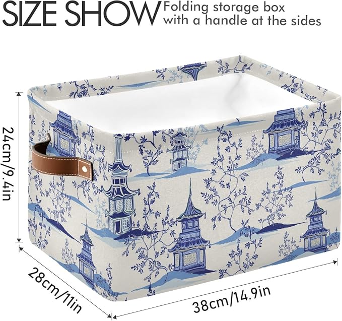 susiyo Large Closet Storage Bin Pagodas Chinoiserie Fabric Storage Baskets Collapsible Decorative Baskets Organizing Basket Bin with PU Handles for Shelves Home Closet Bedroom Living Room-2Pack