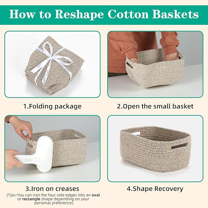 Bidtakay Small Cotton Rope Storage Baskets for Organizing 3 Pack Woven Baskets for Storage Closet Organizer Bins for Shleves 11.8×7.8×5 inch Cute Boho Decorative Basket with Handles - Light Tan