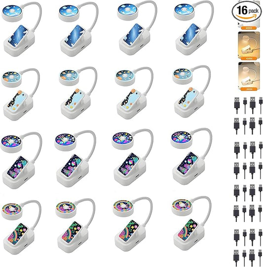 16 Pack Rechargeable Book Lights Bulk for Reading in Bed,3 Color,Adjustable Brightness,Clip on to Book Lights for Reading at Night (Multi-Colored, 16 Pack)