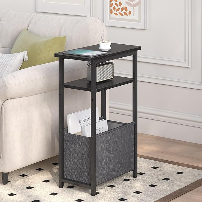 Narrow Side Table, Skinny End Tables with Fabric Basket, Small Side Tables for Small Space, 2-Tier Open Shelves with Basket, Slim Nightstands for Bedroom,Living Room,Office, Black