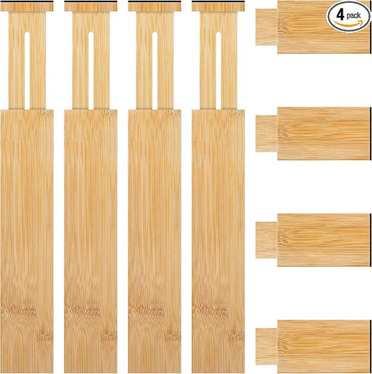4 Pack Bamboo Kitchen Drawer Dividers with Inserts 2.6" High, Adjustable from 12.5 Inch to 21.7 Inch Drawer Organizers, Expandable Drawer Separators for Clothes, Bedroom, Dresser, Office (Beige)