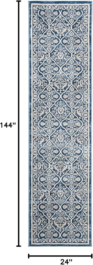 SAFAVIEH Brentwood Collection 2' x 12' Navy / Light Grey BNT870M Oriental Damask Trellis Non-Shedding Living Room Bedroom Runner Rug
