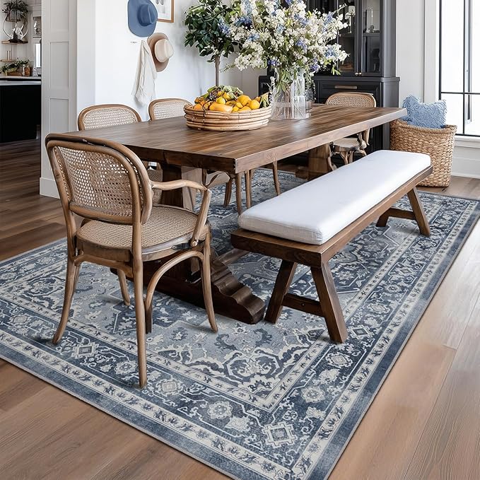 Blue Gray Living Room Rug 6x9, Washable Non Slip Transitional Medallion Rug for Dining Room Under Table, Modern Vintage Distressed Low Pile Thin Carpet Rugs for Den Bedrom Home Office