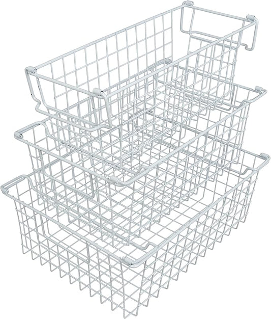 Home-Complete 16" Large Stackable Wire Baskets, 3-Size Set Organizer Stacking Storage Bins for Shelf, Pantry, Kitchen, Cabinets, can Also be Used in Chest Freezers (White)