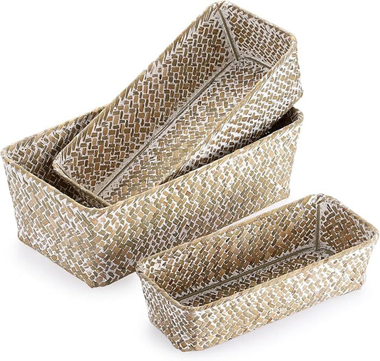 3 Natural Wicker Baskets Set Rectangular Handwoven Seagrass Basket Storage Bins Home Organizer Bins - Household Basket Box for Shelf Wardrobe Desktop Home Decor (Whitewash)