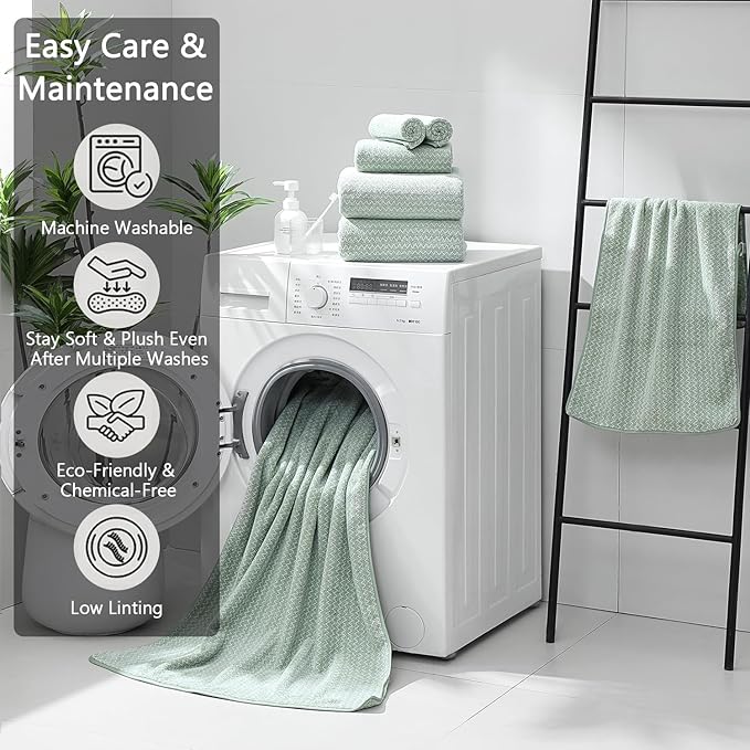 18 Piece Bath Towels Set,100% Microfiber Family Bathroom Towel with Hanging Loops-6 Bath Towels,6 Hand Towels,6 Washcloths,Quick Dry Highly Absorbent Shower Towel for Bathroom,Hotel,Spa-Green