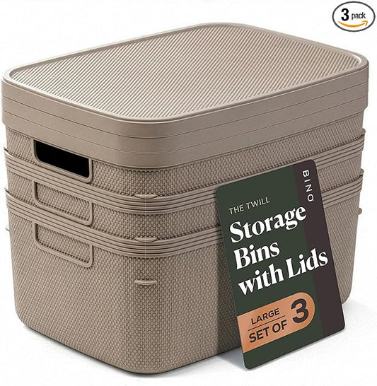 BINO | Plastic Storage Bins with Lids, 13 Liter - 3 Pack, Taupe | THE TWILL COLLECTION | Plastic Bins for Organization | Woven Storage Baskets for Organizing | Pantry Shelf Organizer Basket Bin