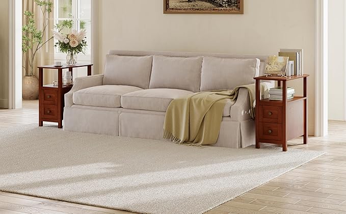 ChooChoo End Tables Living Room Set of 2, 3-Tier Narrow Nightstand with with 2 Drawers, Slim Bedside Tables for Living Room, Bedroom, Small Space, Cherry Brown
