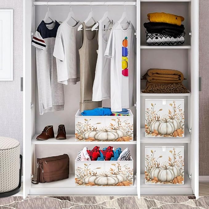 White Pumpkins and Fall Flowers Leaves Autumn Colors O Closet Organizers Storage Cubes Storage Bins Shelf Baskets Containers for Home Room Office,Square