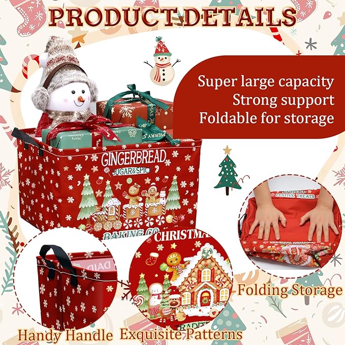 4 Pack Christmas Storage Bin Collapsible Large Christmas Gingerbread Man Storage Baskets for Gifts Canvas Laundry Basket Foldable Box with Handle for Office Home Bedroom Clothes Toys Decor