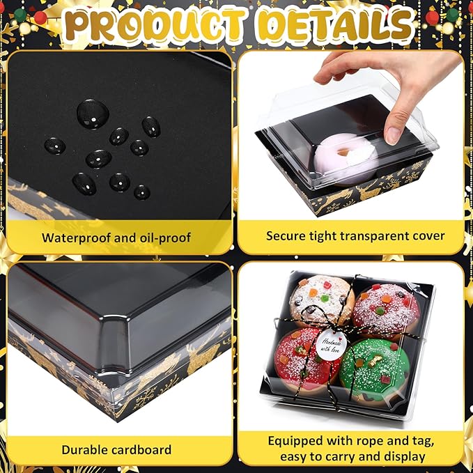 Outus 100 Pack Charcuterie Boxes with Clear Lids, 5.7 x 5.1 '', Mother 's Day Back to School Paper Food Containers Cake Take out Bakery Boxes with Gift Tags Rope for Desserts(Black,Gold,Christmas)