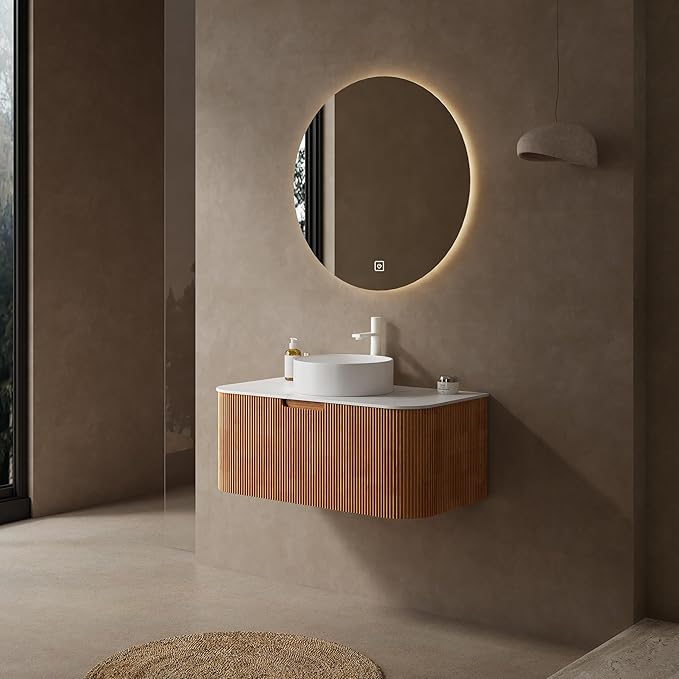 KEIKI 36" Bathroom Vanity Cabinet with Sink Combo, Wall Mounted Curved Edges Striped Floating Bathroom Vanity with Soft-Close Drawer, White Round Ceramic Basin Without Faucet, Natural Wood
