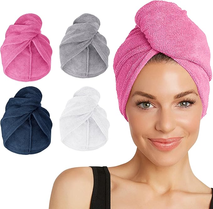 Turbie Twist 4-Pack Microfiber Hair Towel for Beauty, Travel, Gifting - Hair Wrap Turban for Straight, Wavy & Curly Hair - Premium Personal Care - Pink, Blue, Grey & White