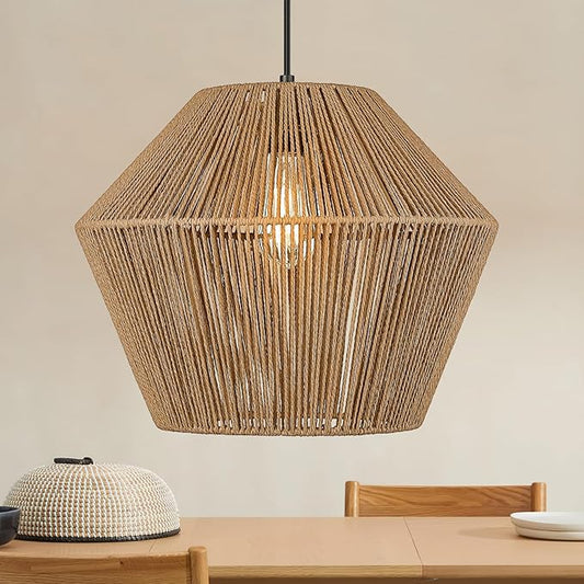 ELYONA Woven Pendant Light, 17” Modern Boho Chandelier Handwoven Rattan Basket Shade, Rustic Pendant Light Fixtures Farmhouse Ceiling Hanging Lamp for Dining Room, Kitchen Bedroom, Entryway, Foyer