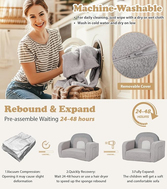 Kids Couch, 2-in-1 Soft Toddler Couch Fold Out with Blanket, Comfy Toddler Chair, Convertible Sofa, Gifts for Kids Girl Boys, Medium Grey Rainbow