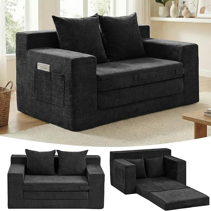 Boneless Loveseat Sleeper Sofa Bed: 3-in-1 Convertible Sofa Bed with Side Pockets & Handle,Pull Out Couch with 2 Pillows,Folding Futon for Small Space,Living Room & Bedroom,Chenille Fabric,No Assembly