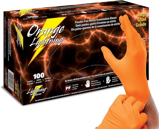Atlantic Safety Products Orange Lightning Exam Gloves, Disposable, Powder-Free Nitrile Gloves, Orange, Large, 100-Ct