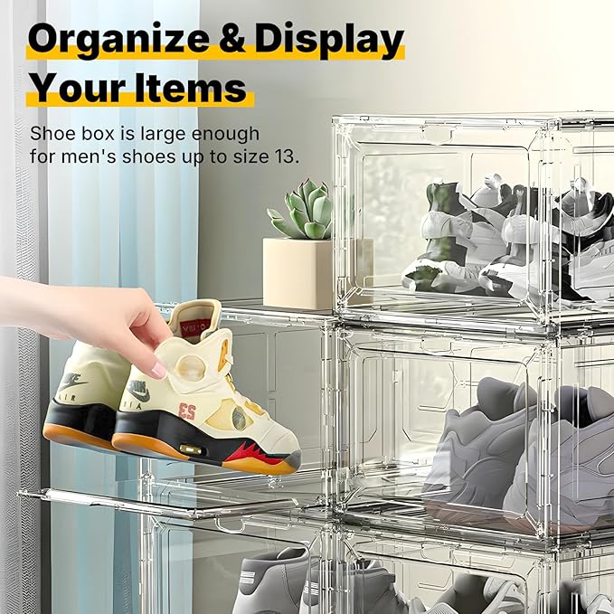 6 Pack Stackable Clear Shoe Boxes with Black Frame, Large Plastic Shoe Organizer Storage Bins for Sneakers & Boots, Magnetic Front Door, Space Saving Closet Shoe Case