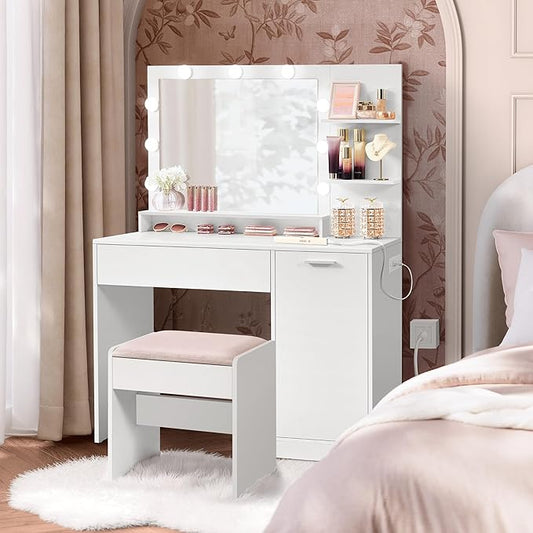 VASAGLE Vanity Desk with Mirror and Lights, 43.3-Inch Wide Makeup Vanity with Upholstered Vanity Stool, Power Outlets, Dimmable LED Lights, Storage Drawer, for Bedroom, Cloud White URDT628W01