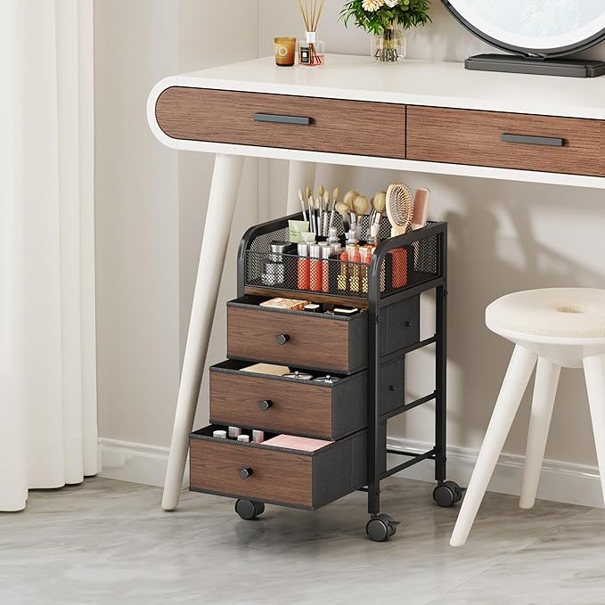 SWTYMIKI Rolling Makeup Organizer Cart - Floor Skincare Make Up Storage with 3 Non-woven Drawers, Vanity Organizer Cosmetic Display Cases Cabinet for Skin Care Perfume Nail Polish Brush Hair Tool