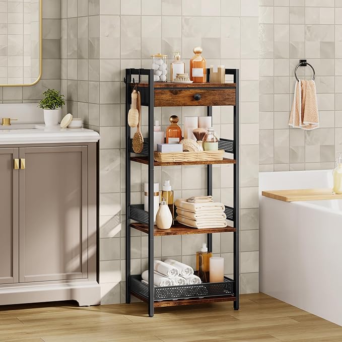 FAVOOSTY 4 Tier Ladder Shelf Stand, Bookshelf with Drawer Storage, Decorative Display Shelves Wood & Metal, Plant Shelf, Standing Shelf Unit for Living Room Bedroom Office Kitchen, Rustic Brown