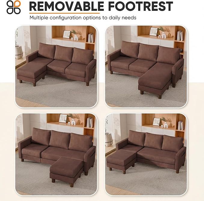 JUMMICO L Shape Sectional Sofa Couch, 3 Seat Convertible Sofa with Movable Ottoman and Side Storage Pockage, Modern Sofa Small Couches for Living Room & Apartment and Small Space (Linen, Brown)