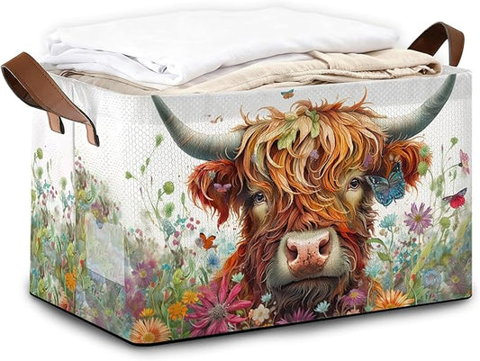 Flower Highland Cow Storage Bins with Handles, Collapsible Storage for Clothes, Gift Basket, Blankets & Closet Organization