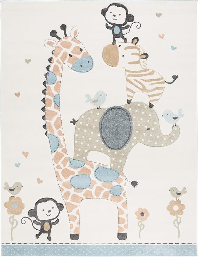 SAFAVIEH Carousel Kids Collection Area Rug - 8' x 10', Ivory, Animal Design, Non-Shedding & Easy Care, Ideal for High Traffic Areas for Boys & Girls in Playroom, Nursery, Bedroom (CRK120A)