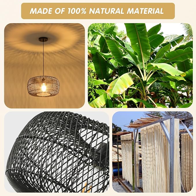Black Rattan Pendant Light, 16in Drum Wicker Chandelier Hand-Woven Rattan Hanging Lighting Fixture Boho Pendant Lights for Dining Room Kitchen Island Living Room Bedroom Foyer Entrance