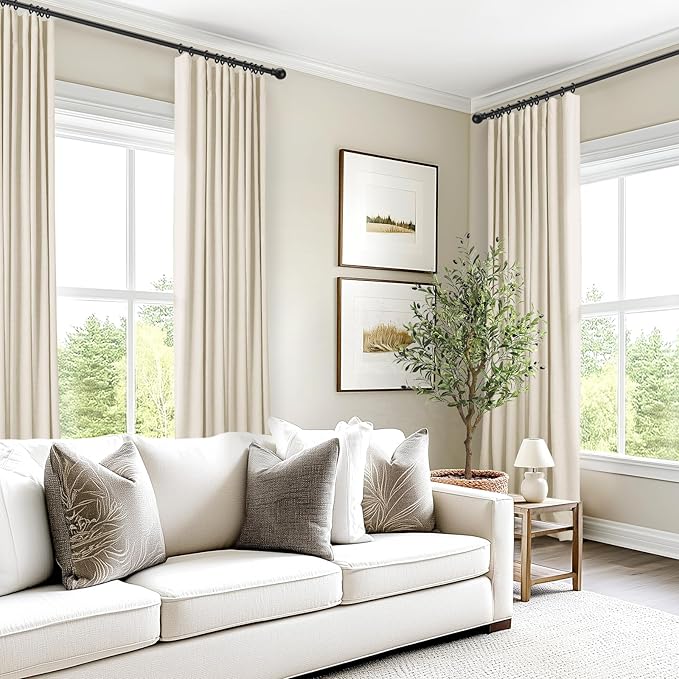 INOVADAY 100% Blackout Curtains for Bedroom, Black Out Curtains 80 Inch Long, Clip Rings Linen Blackout Drapes, Thermal Insulated Room Darkening for Living Room, 2 Panels - Cream,W50xL80