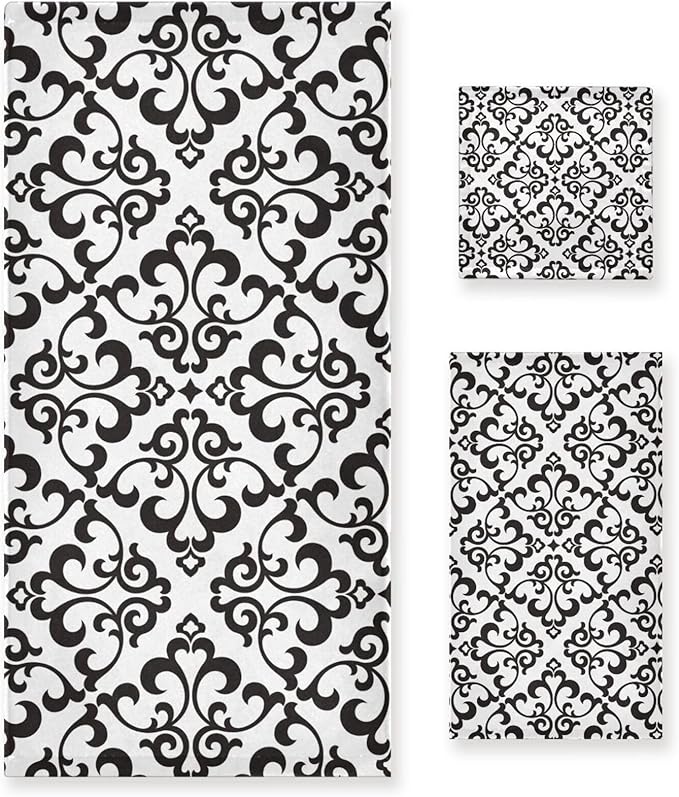 3 Piece White Black Damask Pattern Bath Towel Set,Microfiber Decorative Damask Floral Modern Abstract Bathroom Towels,1 Bath Towel 1 Hand Towel for Bathroom Kitchen,1 Washcloth for Body Face