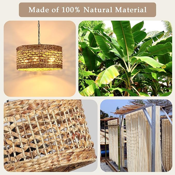 Hand Woven Rattan Pendant Light, 18" 5-Light Wicker Dining Room Light Fixtures Boho Chandelier Coastal Large Hanging Ceiling Lights Natural Lighting for Kitchen Island Living Room Bedroom