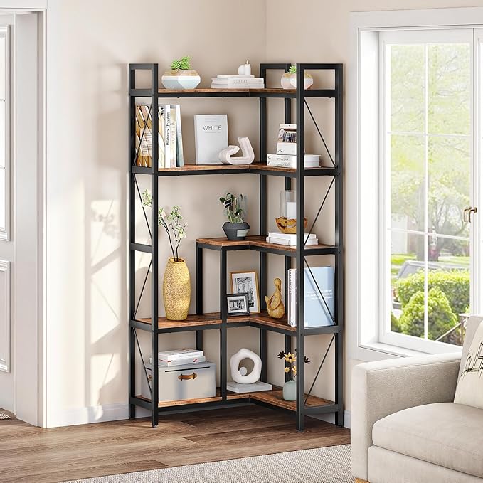 5-Tier Corner Bookshelf, 65.5'' Tall L-Shaped Bookcase, Corner Storage Stand with Metal Frame, Display Storage Rack, for Living Room, Home Office, Bedroom, Rustic Brown TSJ12BF
