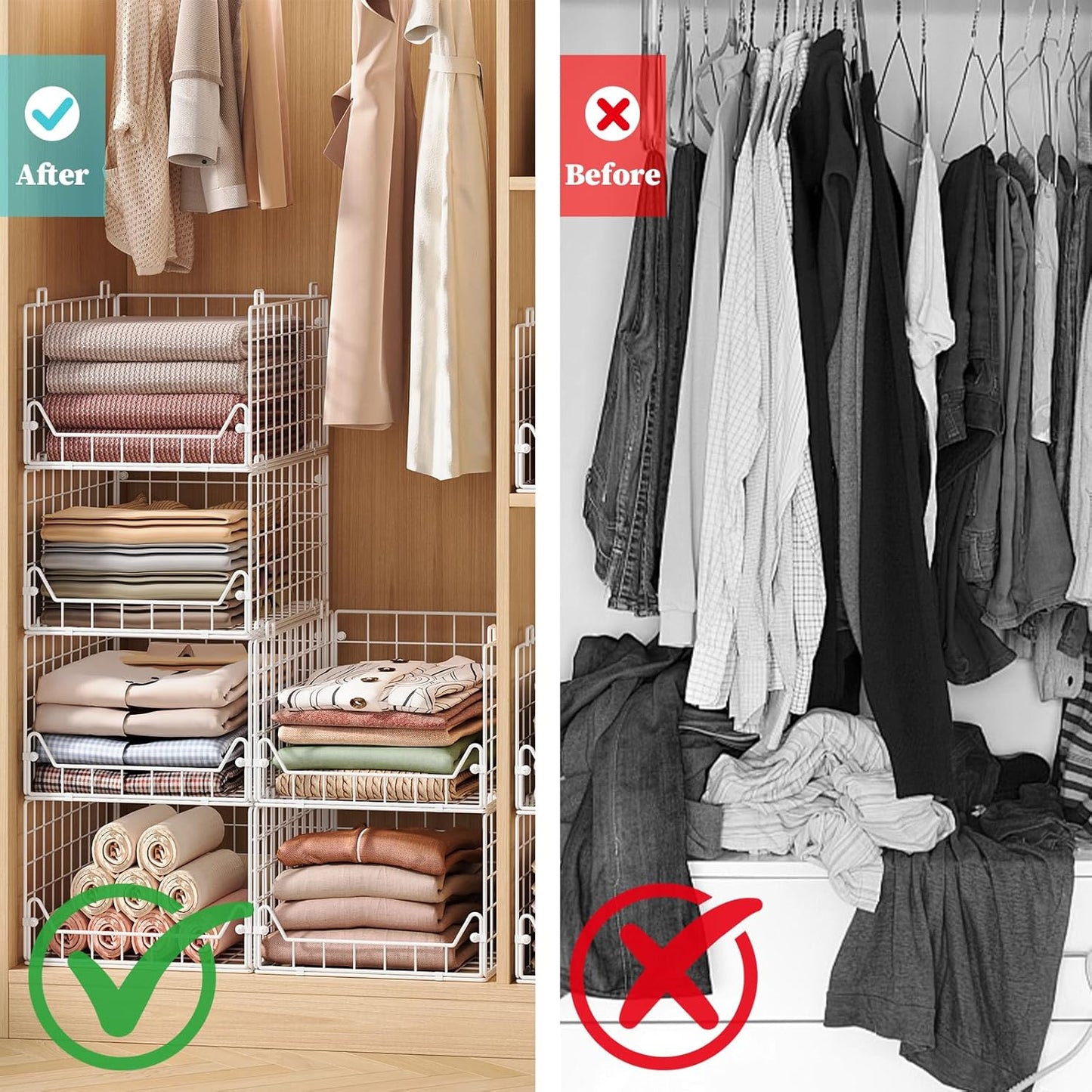 6-Tier Closet Shelf Organizer,Metal Stackable Closet Organizers and Storage,Clothes Storage Bins,Shelf Organizer Basket ,Folded Shelf Organizer for Closet Wardrobe,White