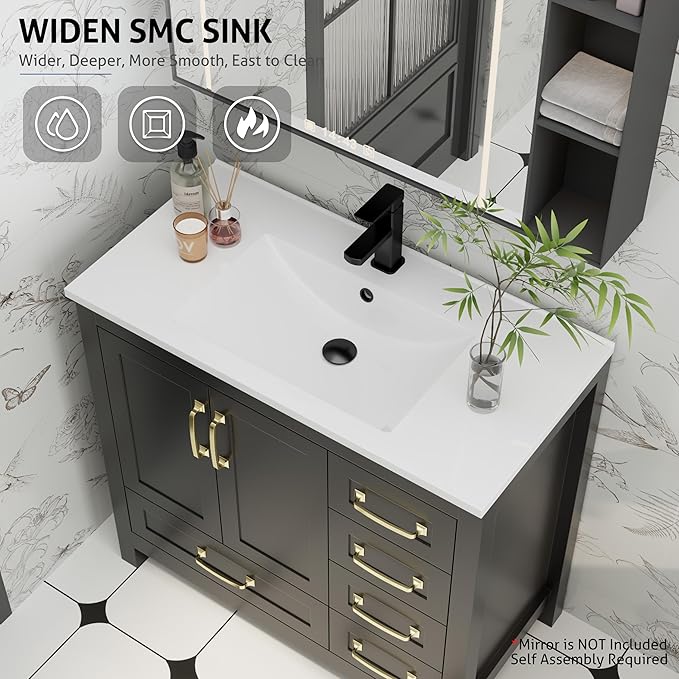 eclife 36" Bathroom Vanities with Sink Combo, Modern Thickened Wood Bathroom Storage Cabinet w/Undermount Sink, Matte Black Faucet Drain, Painted Surface, Black
