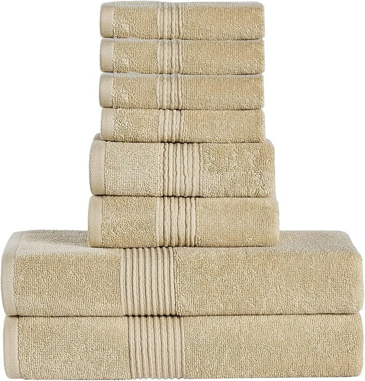 Bath Towels 8 Piece Towel Set – 100% Combed Cotton – Bath + Hand + Washcloths – Oeko-TEX Certified Soft & Absorbent Towels with Durable Double-Stitched Edges for Bathroom or Guest Spa, Beige