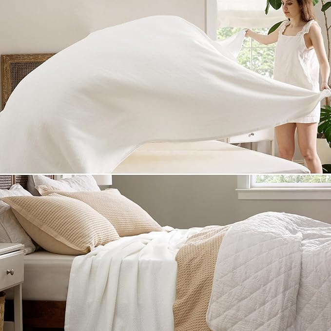 Bedsure GentleSoft 100% Cotton Blanket King Size for Bed - Breathable and Lightweight, Soft Cozy Textured Herringbone Woven Blanket for Summer, White, 108x90 inches