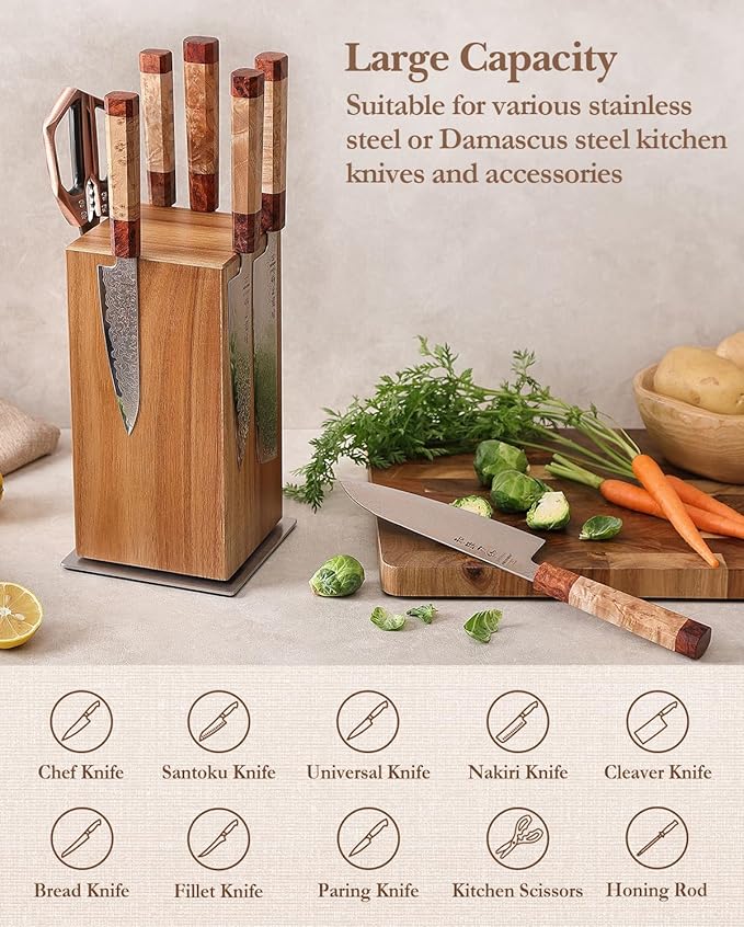 HEZHEN Magnetic Rotating Knife Holder without Knives, Acacia Wood, 360° Knife Block for Kitchen Counter, Space-saving and Larger Capacity Knife Storage, Strong Enhanced Magnets Strip