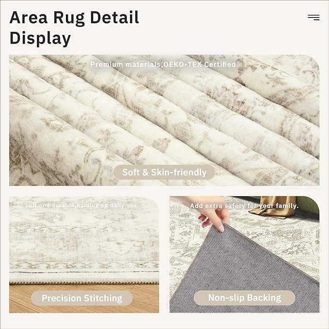 8x10 Area Rugs, Washable Rugs, Large Stain Resistant Beige Area Rug for Living Room Bedroom Dining Room, Vintage Farmhouse Rug