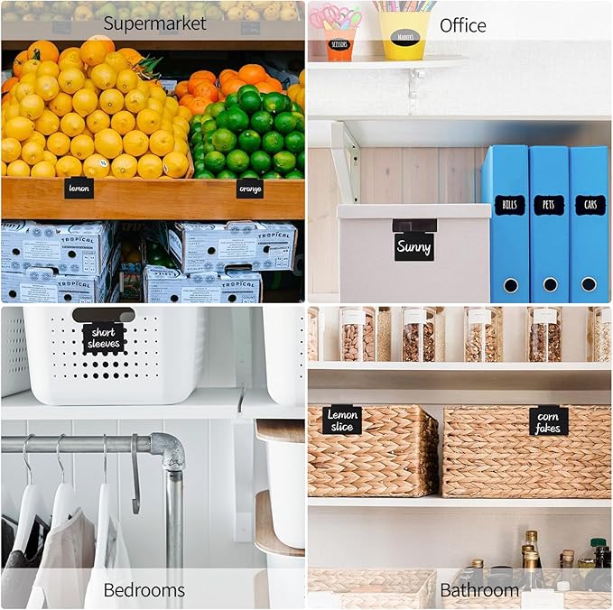 34 Pcs Basket Labels Clip on Set, Include 32 Kitchen Clip Label Holder Removable Storage Bin Labels with 2 White Marker for Storage Bins Organization Box (Black)