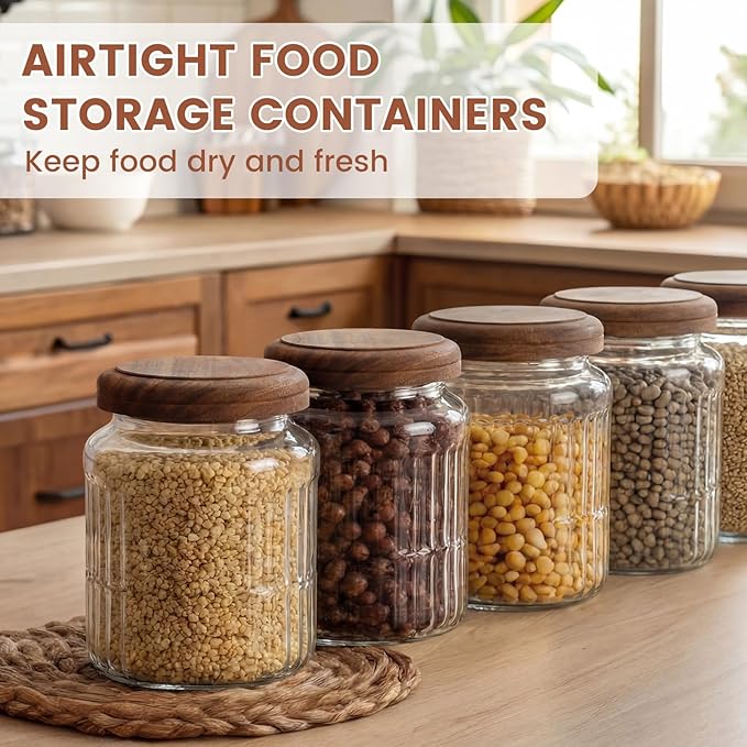 6 Pack Vintage Glass Jars with Wooden Lids 33.8 oz Airtight Glass Canisters Storage Containers Large Food Canisters for Pantry Coffee Spice Grains Tea Sugar Flour Kitchen(Stylish Ribbed)