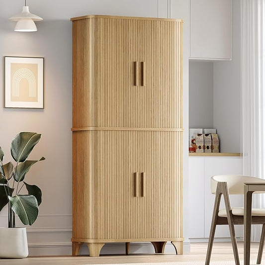 69" Tall Kitchen Pantry Storage Cabinet with Sliding Door, Modern Curved Edge Pantry Storage Cabinet with 5 Shelves, Cupboard for The Kitchen, Dining Room, Bedroom, Living Room, Office (Oak)
