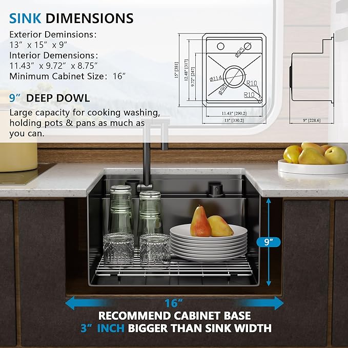 13"x15" Undermount RV Kitchen Sink – Gunmetal Black NANO-PVD, 16 Gauge 304 Stainless Steel, Single Bowl Sink Basin with Foldable Faucet for RV, Camper, Mobile Home, Wet Bar, Outdoor Kitchen