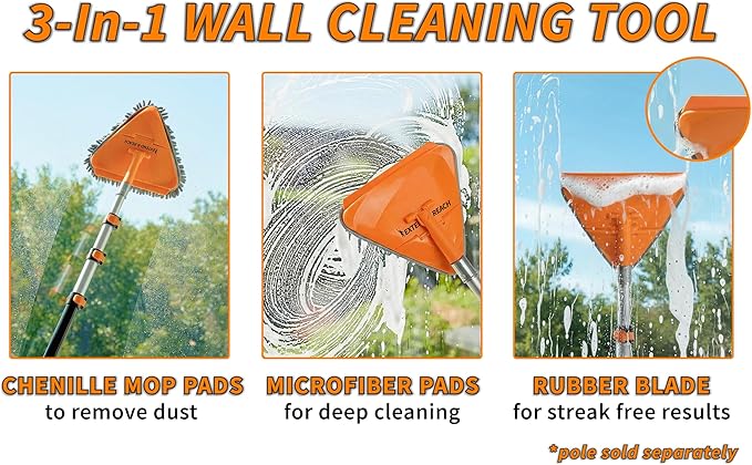 Wall Cleaner Tool with 4 Replacement Pads // 3-in-1 Wall Washer Mop for Walls, Baseboards and Windows // Wall and Baseboard Cleaner Fits All Extension Poles with Acme Thread (Pole Sold Separately)