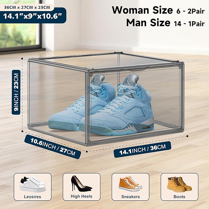 Shoe Storage Boxes Size 14, Acrylic Shoe Box Sneaker Display Case Plastic Stackable Shoes Boots Organizer with Magnetic Lid, 1 Pack,Black
