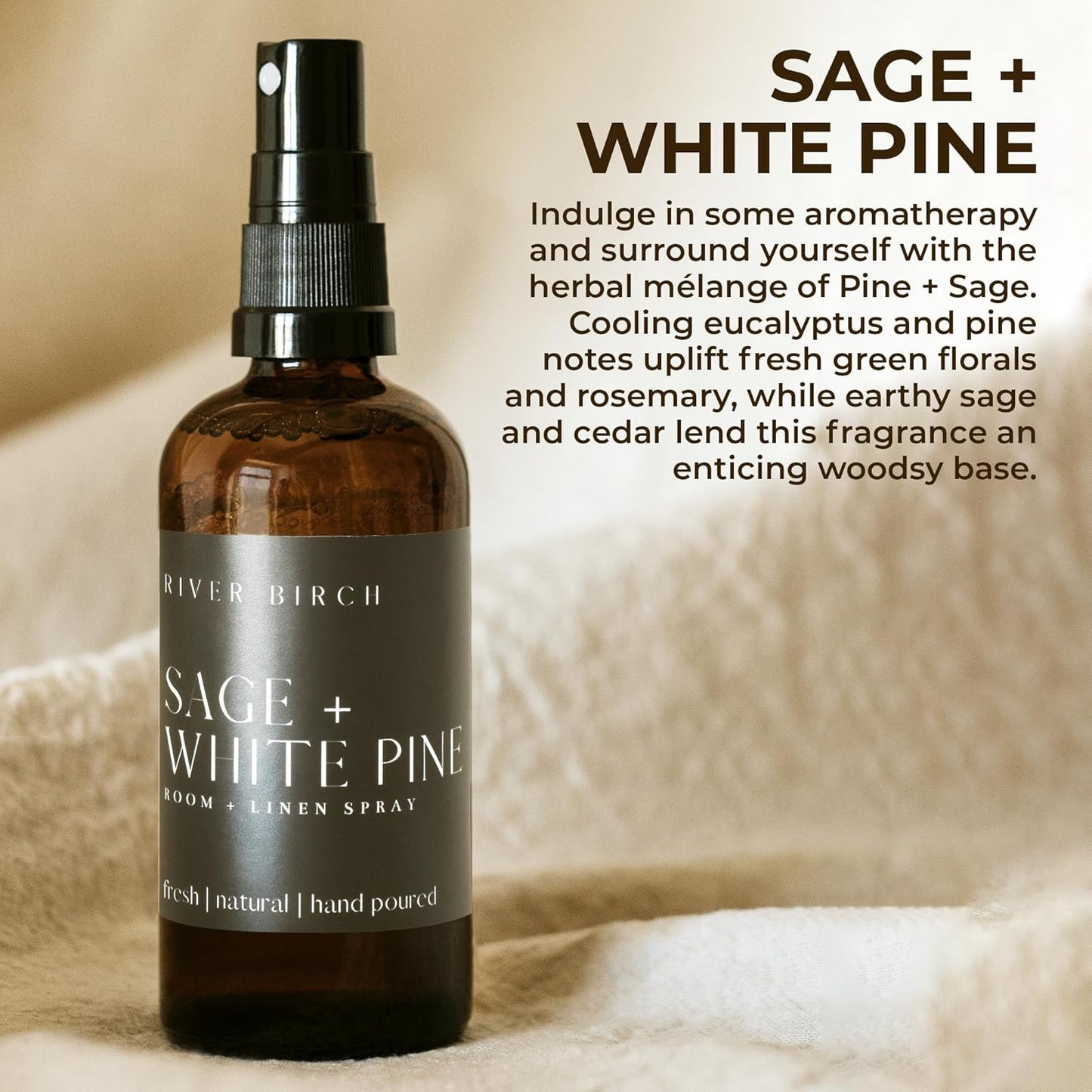 Luxury Linen & Room Spray — Sage + White Pine, Handmade, 4oz Amber Glass