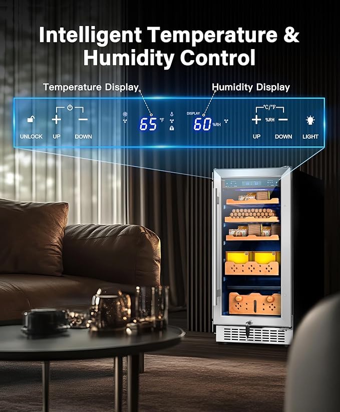 15'' Under Center Humidors Freestanding, 80L Electric Cooler Cabinet 500 Counts Capacity with Humidity and Temperature Digit Control, Spanish Wood Shelves Luxury Compressor for Home Office Gift