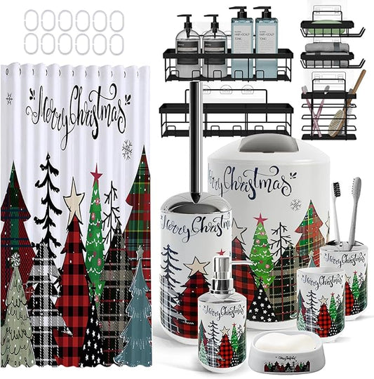Clara Clark Bathroom Accessories Set - Christmas Bathroom Set with Adhesive Corner Shower Caddy Hanging, 24PC Bathroom Accessory Set, Christmas Shower Curtain Set with Toilet Brush and Trash Can