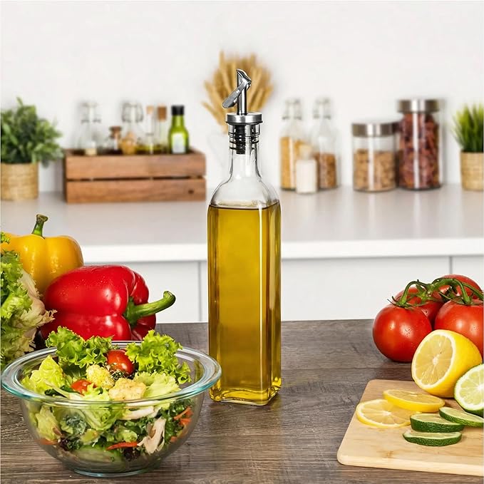 GREENOLIVE Olive Oil Dispenser Bottle - 17 oz. Clear Glass Bottle with No-Drip BPA-Free Spout - Ideal for Kitchen and Cooking Essentials - Single Bottle
